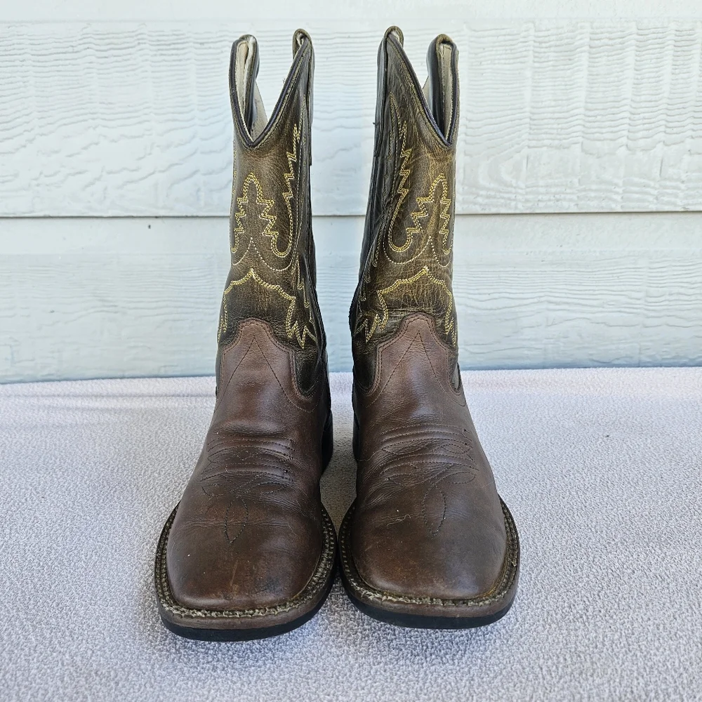 Old West Brown Leather Square Toe Western Cowboy Boot Youth SZ 1.5 Embroidered